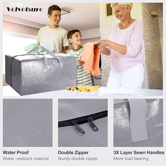 VELVETSURE Heavy Duty Extra Large Moving Bags W/Backpack Straps - Strong Handles & Zippers, Storage Totes For Space Saving, F