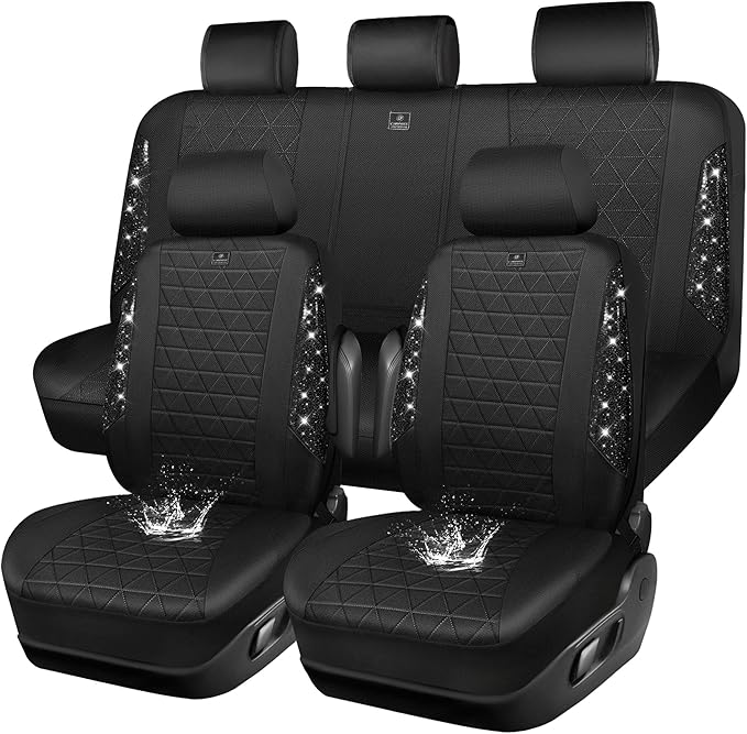 CAR PASS Oxford Bling Diamond Car Seat Covers Full Set Interior Sets, Waterproof Shining Glitter Sparkly Crystal Universal Ar