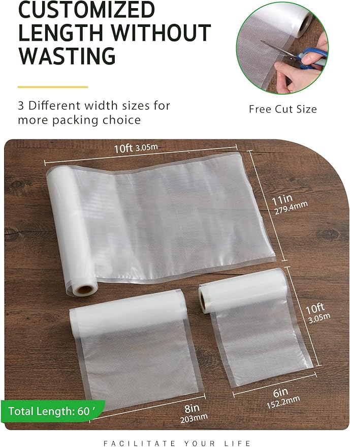 Syntus Vacuum Sealer Bags, 6 Pack 11" x 10' and 8" x 10' and 6" x 10' Commercial Grade BPA Free Bag Rolls, Food Vac Bags for 