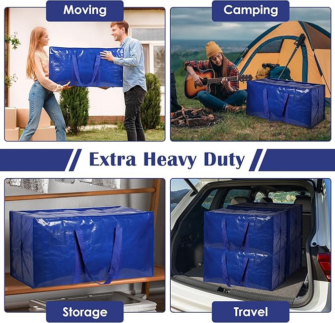 6 Pack Moving Bags with Full-Open Side Zipper, Extra Large 93L Heavy Duty Waterproof Foldable Storage Totes for College Dorm,