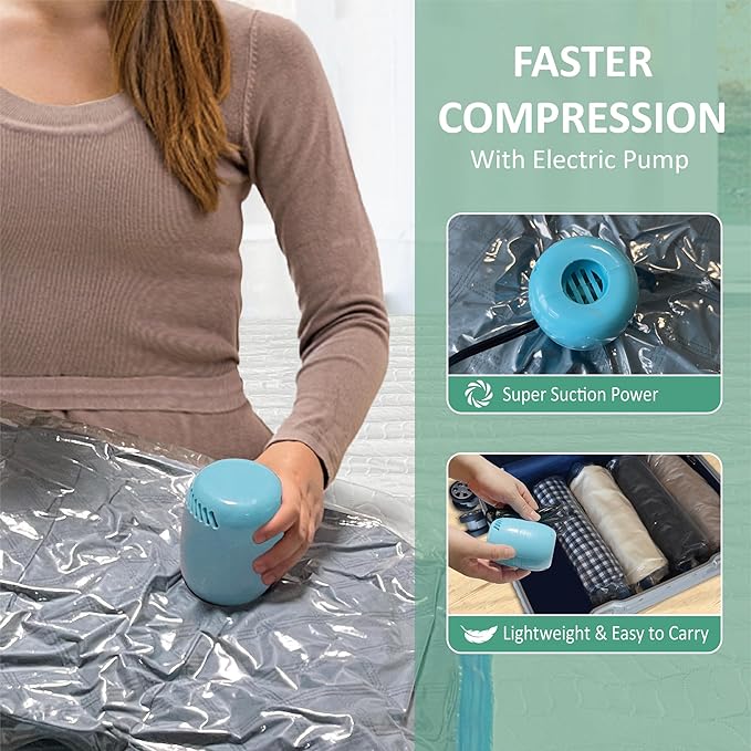 Vacuum Storage Bags with Electric Pump, Space Saver Vacuum Seal Bags with Pump, Sealer Compression for Clothes, Comforters, B