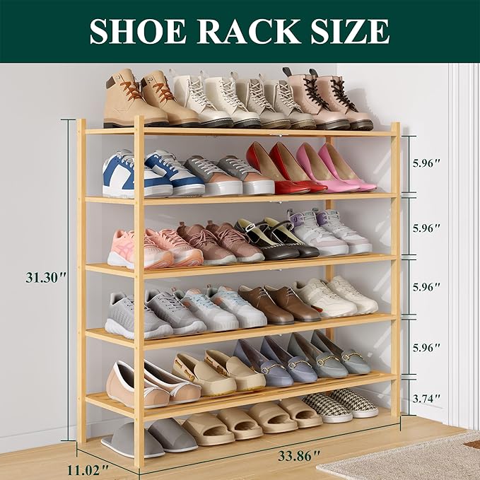 Smiry Long Bamboo Shoe Rack 5-Tier, Stackable Wooden Shoe Organizer for Entryway & Closet, Free Standing Wood Shoe Storage Sh