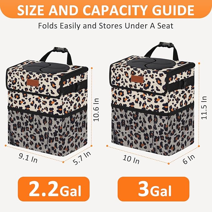 3 Gallons Cute Car Trash Can, Car Accessories for Interior Leak Proof Can Trash Bag Hanging Waterproof Automotive Vehicle Garbage Cans Leopard Print Pattern