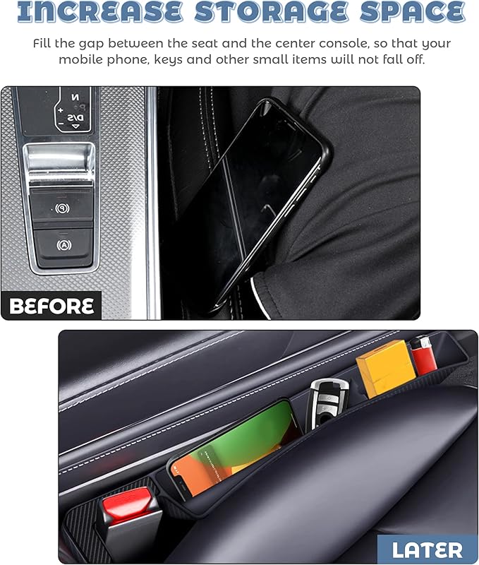 2PCS Car Seat Gap Filler,Car Accessories Car Organizer,Cars Seat Gap Filler Organizer with 2 Storage Areas,Used for Phone,Wallets,Keys,Eyeglasses,Fit for Most Cars,Trucks,SUVs (Carbon Fiber)