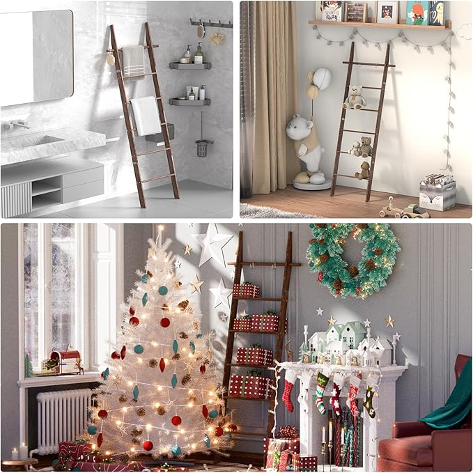 Farmhouse Wooden Blanket Ladder with Removable Hooks, 6-Tier Rustic Blanket Rack Decorative Stand, Leaning Towel Quilt Rack H