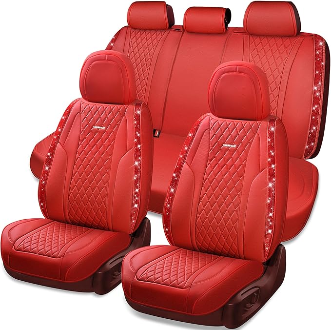 CAR PASS Nappa Leather Bling Diamond Car Seat Covers Full Set Universal Cushioned, Waterproof Heavy-Duty Anti-Slip Luxury Lea