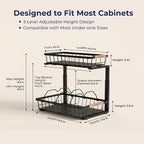 Under Sink Organizer, 2 Pack, 2 Tier Sliding L-Shaped Carbon Steel Rack with Adjustable Height, Motion-Activated LED Lights, 