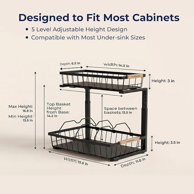Under Sink Organizer, 2 Pack, 2 Tier Sliding L-Shaped Carbon Steel Rack with Adjustable Height, Motion-Activated LED Lights, 