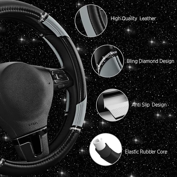 Road Comforts Leather Steering Wheel Cover - Made with PVC Leather - Anti-Slip, Universal Fit 14 1/2 inches to 15 inches - Gr