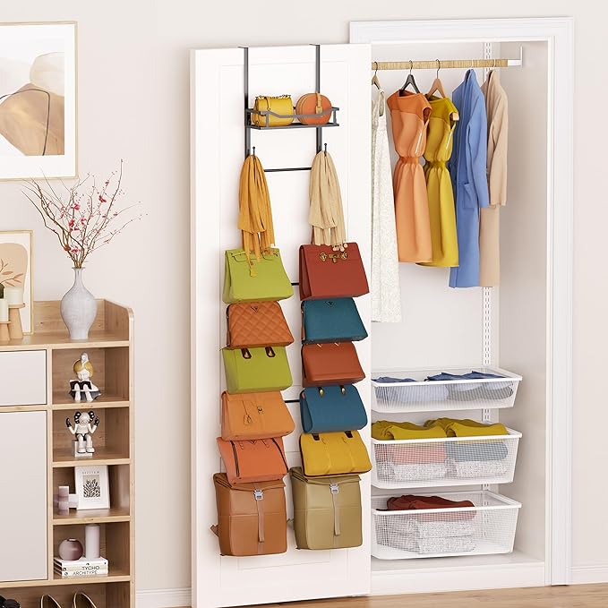SWTYMIKI Over The Door Purse Organizer - Wall Mounted Purse Rack with 16 Hooks and Metal Basket, Handbag Hanger Organizer Hol
