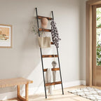 ELYKEN Blanket Ladder for Living Room, Farmhouse 6-Tier Quilt Holder with 4 Removable Hooks for Bathroom, Wood Towel Rack Dis