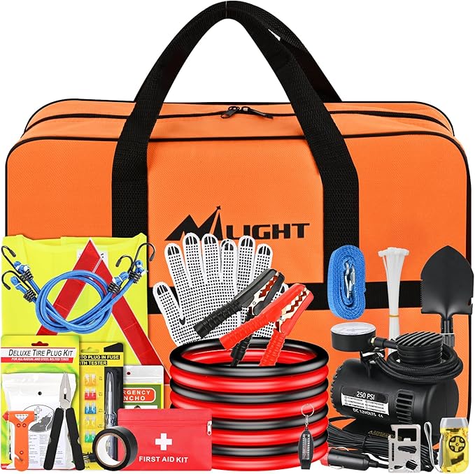 Nilight Car Emergency Kit with Jumper Cable Air Compressor Tire Repair Essential Tools First Aid Alligator Connector Electric