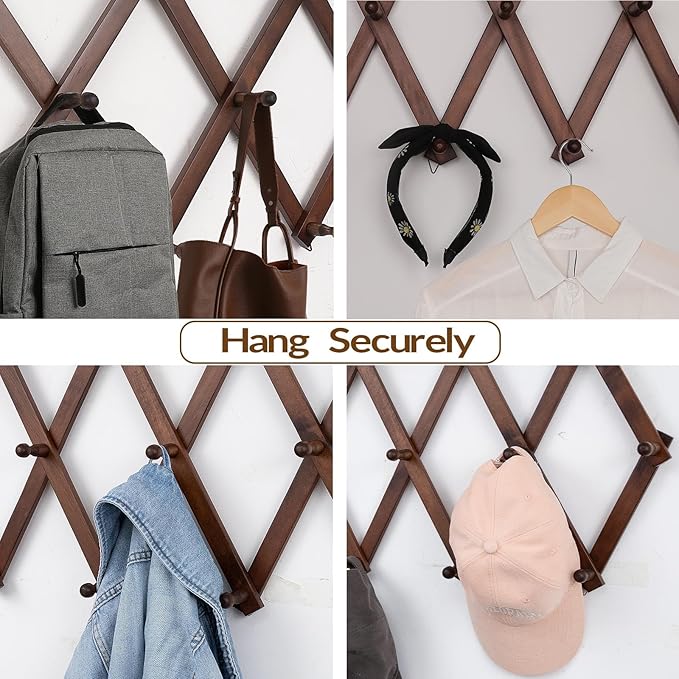 SCUNDA Wall Rack with 10 Hooks, Wooden Wall Expandable Coat Rack for Coat, Hats, Baseball Caps, Coffee Mug, Jewelry(Brown)