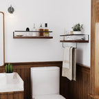 Wood Floating Shelves Wall Mounted - 2+1 Tier Rustic Bathroom Wall Shelves Over Toilet with Towel Bar, Natural Wood Set of 2 
