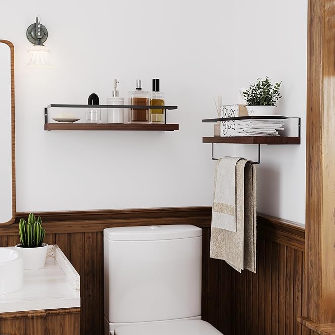 Wood Floating Shelves Wall Mounted - 2+1 Tier Rustic Bathroom Wall Shelves Over Toilet with Towel Bar, Natural Wood Set of 2 