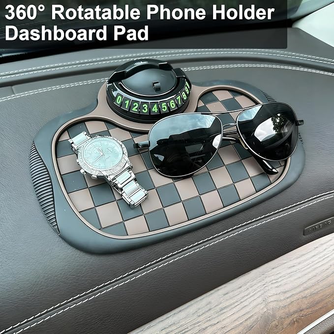 Multifunction Car Anti Slip Mat, 360° Rotatable Phone Holder Dashboard Pad with Temporary Parking Number Rotatable Car Anti S