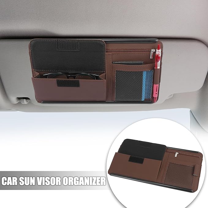 X AUTOHAUX Brown Universal Car Sun Visor Organizer Sunglasses Case Storage Pocket Hook and Loop Tape ABS PU Leather for SUV RV Truck