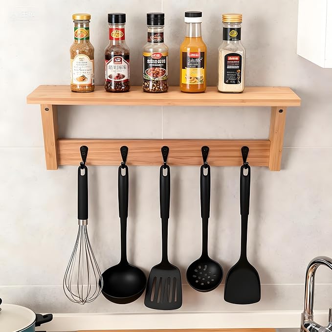 Wall Shelf with Hooks, Multi-Purpose Wooden Shelf & Metal Hooks for Home Entryway, Living Room,Office - Heavy Duty Coat Rack 