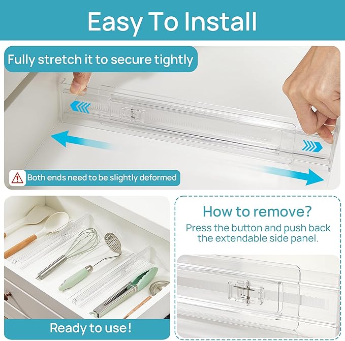 Vtopmart 8 Pack Shallow Drawer Dividers, 2.36" High 12.5"-20.8" Adjustable Expandable Kitchen Drawer Organizer, Clear Plastic