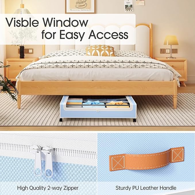 Yecaye Under Bed Storage with Wheels, 2 Pack Under Bed Storage Containers, 60L Underbed Shoe Storage with Clear Window & Labe
