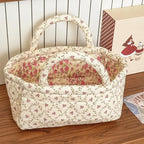 Small Storage Basket Organizer, Mini Fabric Floral Storage Baskets with Handle, Quilted Portable Collapsible Storage (P)