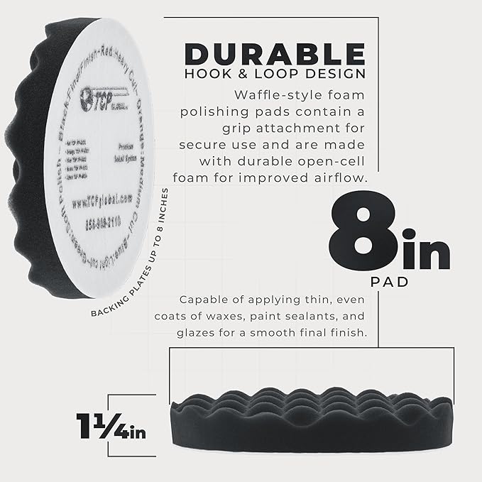 TCP Global 8" Black Waffle Foam Buffing Pad Hook and Loop Backing - Extra Fine Pad for Polishing, Automotive, Marine, Truck, RV & Compound Cutting, Car Polishing Pads