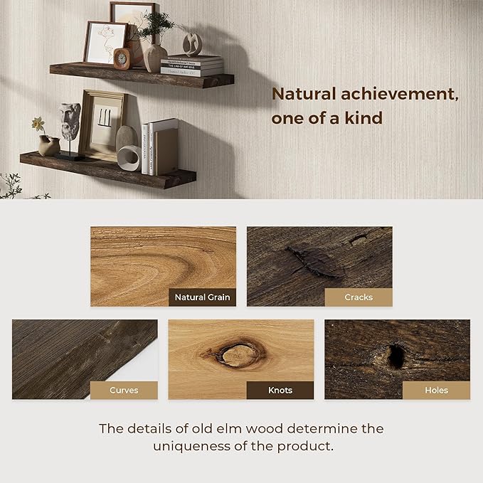 Dreamland 72 inch Floating Shelves for Wall Solid Elm Wood Live Edge Wall Mounted Shelves|Rustic Long Floating Shelves with I