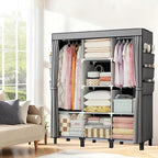 Portable Wardrobe, Easy Hanging Closet 6 Side Pockets Large Capacity Clothes Organizer Comes with 2 Hanging Poles and Shelves
