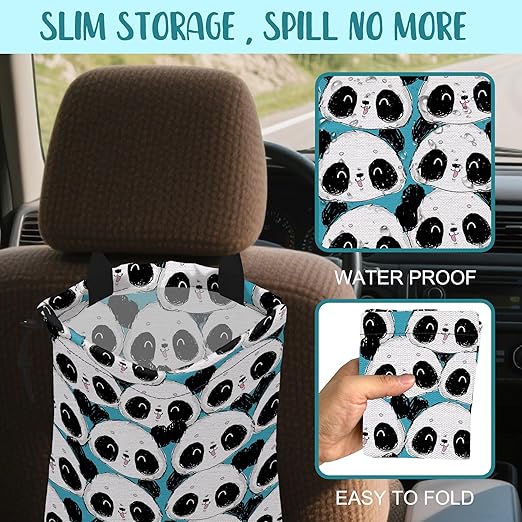 Car Garbage Bag Cute Panda Hanging Canvas Car Trash Bag Waterproof Drawstring Car Back Seat Organizer for Car Back Front Seat Console with Adjustable Buckle