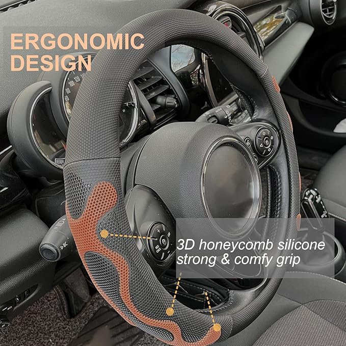 PINCTROT Large Size Comfy Grip Steering Wheel Cover, Anti-Slip Design, 15.5-15.75 Inch(Silicone Brown)