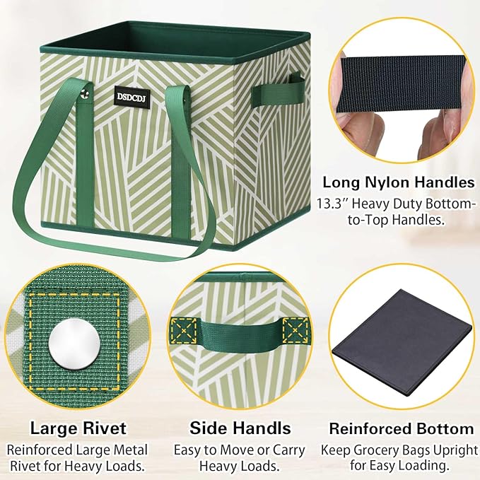 Reusable Grocery Bags 3 Pack - Heavy Duty Reusable Shopping Bags with Hard Bottom & Long Handles, Foldable Utility Tote Bag with Box Shape to Stand Up, 13x10.23x11in, Twill Green