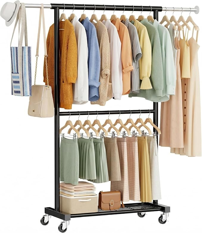 Double Clothing Rack, Clothes Rack for Hanging Clothes, Rolling Garment Rack with Adjustable Rod, Black
