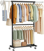 Double Clothing Rack, Clothes Rack for Hanging Clothes, Rolling Garment Rack with Adjustable Rod, Black