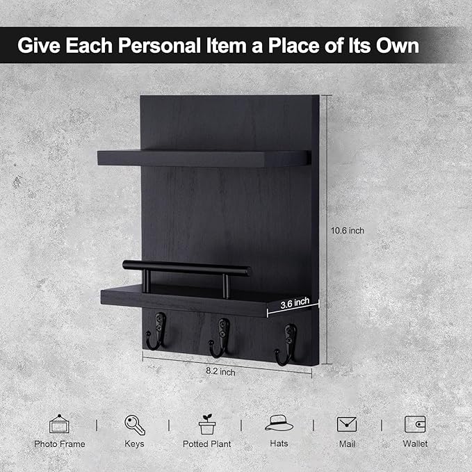 Key Holder Wall Mount, Mail Shelf Decor with 3 Key Hooks, Versatile Wood Wall Organizer for Entryway Hallway (8.2” x 10.6”x 3