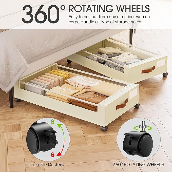 Yecaye 4 Pack Under Bed Storage with Wheels, Under Bed Storage Containers with Lids, Large Under Bed Rolling Storage with Cle