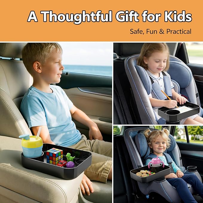 Car Seat Snack Tray for Kids Toddler Travel,Cup Holder Expander for Car,Toddler Travel & Road Trip Accessory for Mess-Free Snacking in The Car (Black)