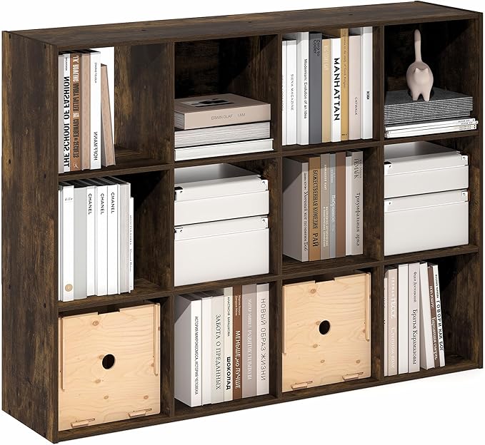 Furinno PELLI Book Shelf, 12-Cube Bookshelf, Cube Storage Organizer Bookcase, 11.7 x 47.6 x 36, for Living Room, Bedroom, Hom
