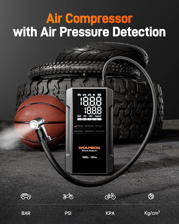 WOLFBOX 4000A Jump Starter with 160PSI Air Compressor, 12V Car Battery Booster, 65W Fast Charge, 88.8Wh Portable Tire