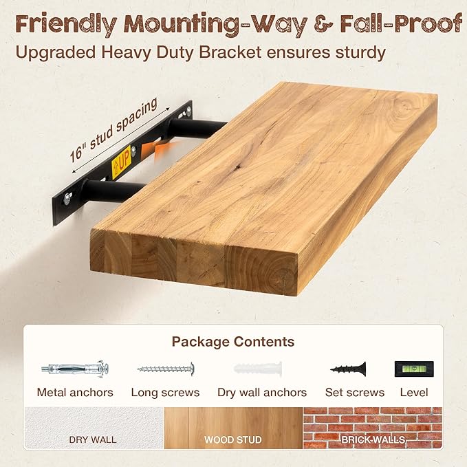 fuqing Floating Shelves for Wall, 24 inch Rustic Solid Elm Wood Floating Shelves, Wooden Wall Shelves with Invisible Heavy Du