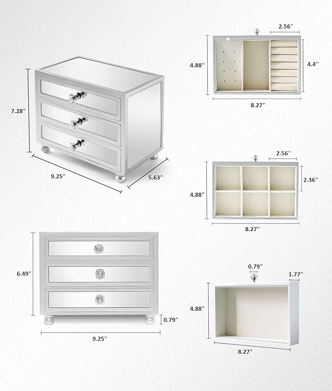 Gifturbo 3 Layer Mirrored Glass Jewelry Box, Large Capacity Women's Storage Box with Velvet Interior and Crystal Handle