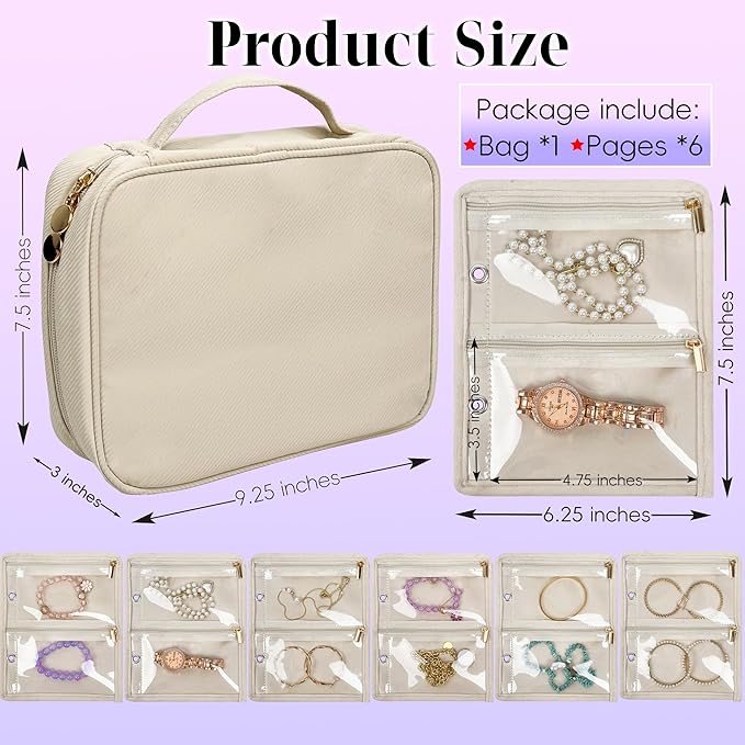 Travel Jewelry Organizer Case,Jewelry Bags for Traveling, Jewelry Binder with 24 Pcs Clear Zipper Velvet Pouches for Storing 