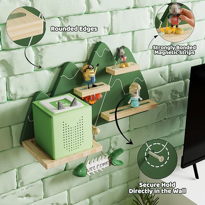 Green Mountain Tonie Shelf - Wall Mounted Tonies Shelves for Toniebox, Magnetic Wood Display Floating Shelves for 8-14 Tonie 