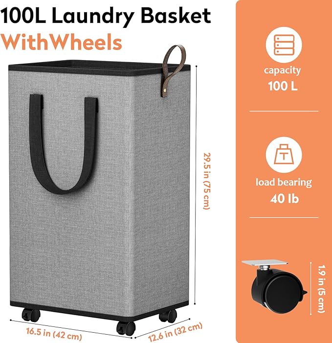 SpaceTrove Laundry Basket with Wheels, Collapsible Laundry Baskets, Laundry Hamper with Handles Detachable Wheels, Rolling La