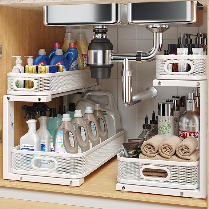 2 Pack 17.3IN-Depth Under Sink Organizer with Smooth Cylindrical Rail,2-Tier Pull Out Multi-Purpose Cabinet Storage for Bathr