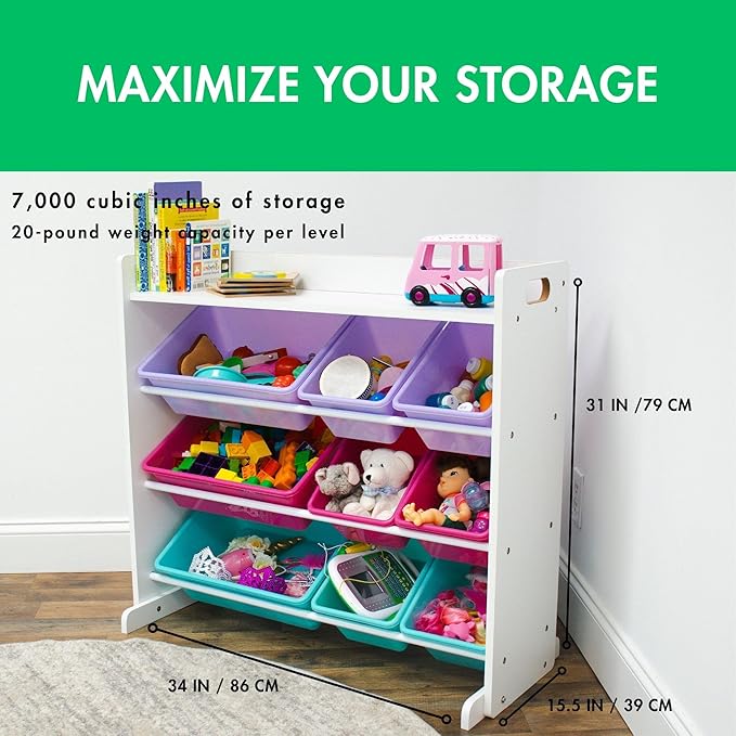 Humble Crew Toy Storage Organizer with 9 Removable Storage Bins for Kids Playroom, 3-Tier with Top Shelf Toddler Toy Organiza