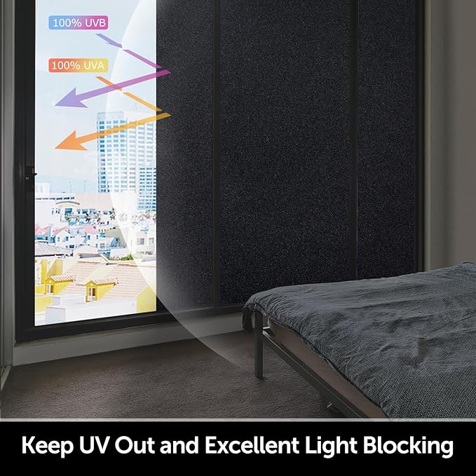 HIDBEA Blackout Window Film,100% Light Blocking Room Darkening Window Privacy Film,Frosted Glass Window Film Heat Control, Removable Window Cover Tint for Day Sleep (Black,17.5in x 6.5ft)