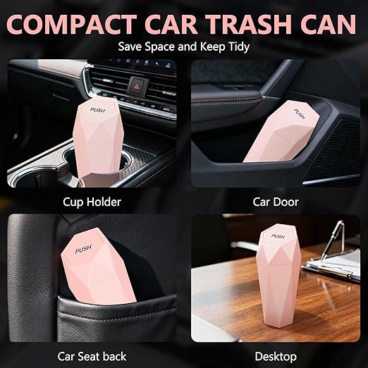 Car Trash Can with Lid - 2-Pack, Interior Accessories for Vehicles, Leakproof Garbage Can with 30 Detachable Trash Bags, Multipurpose Organizers and Storage Solutions for Home and Office (Pink)