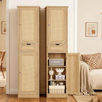 Iwell Tall Narrow Storage Cabinet with Doors, Rattan Cabinet with Adjustable Shelves, Freestanding Linen Storage for Living R