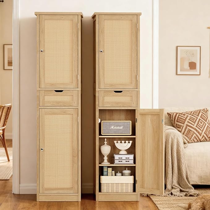 Iwell Tall Narrow Storage Cabinet with Doors, Rattan Cabinet with Adjustable Shelves, Freestanding Linen Storage for Living R