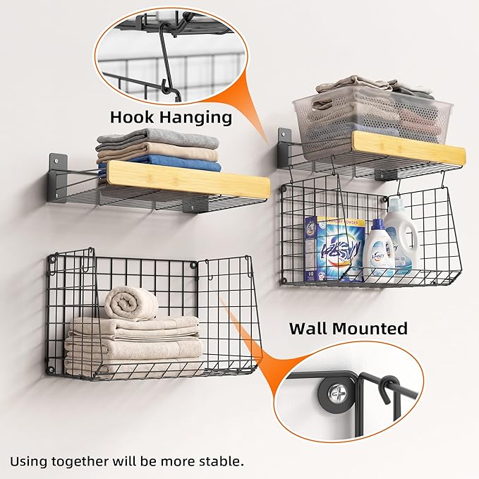 Wall Mounted Laundry Room Shelves, Wire Baskets with 8 Hooks and Hanging Rod, Over The Washer and Dryer Shelf, Drying Rack, L